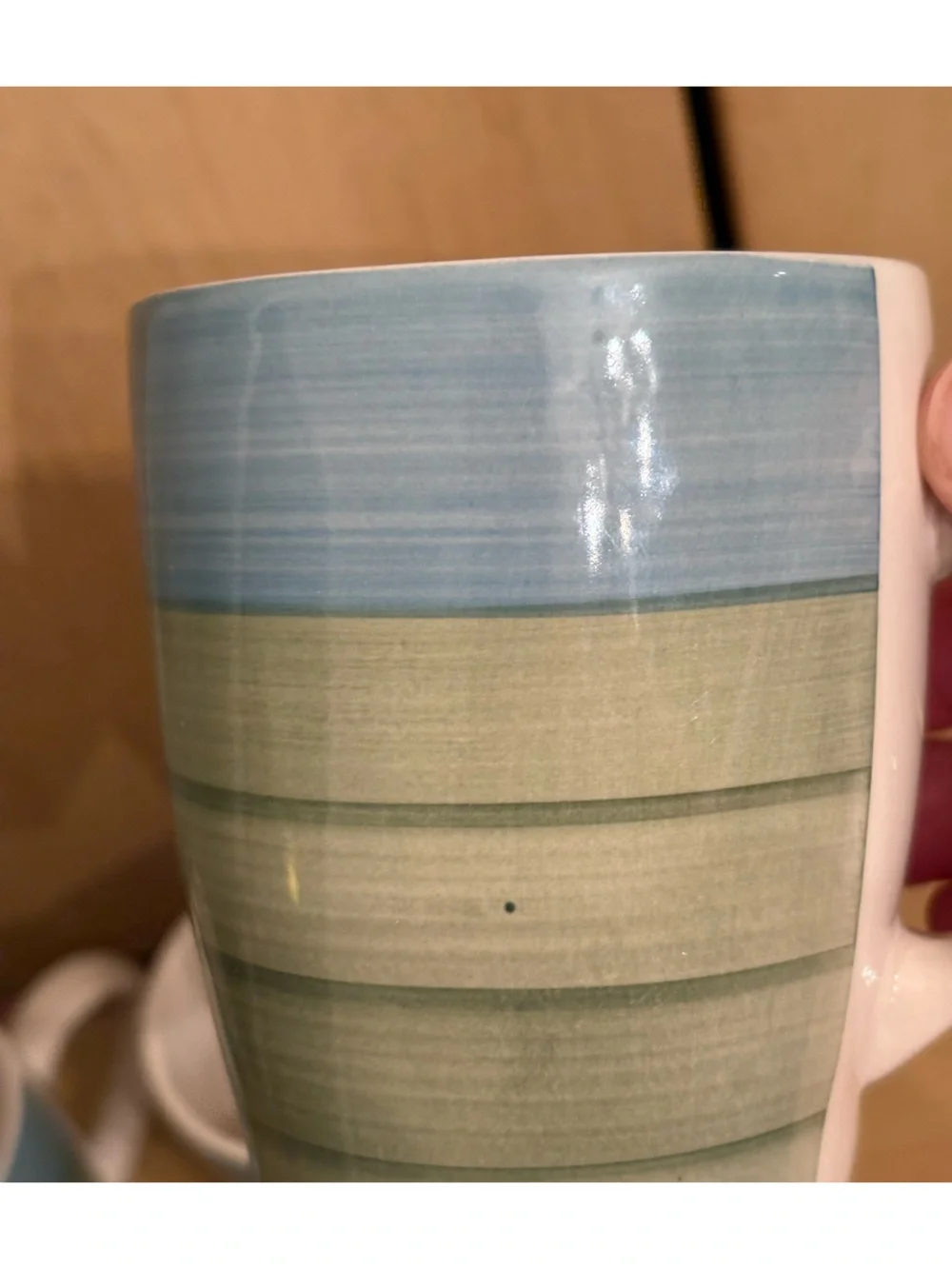 Set of 8 pier 1 Imports PER118 coffee mugs hand-painted blue and green stripe.